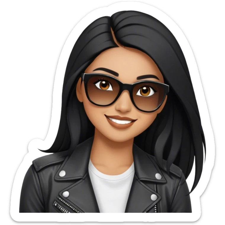 beautiful fit woman, with long straight black hair, with make up, black eye liner, smile mooth close, mexican, brown skin, wearing white tee, wearing leather black jacket, solar black wayfarer on the tip of the nose sticker