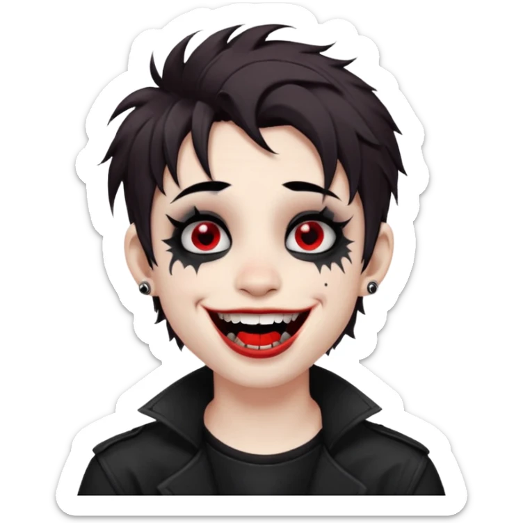 Laughing pale Goth boy with a bunch of face piercings, with shaggy dark brown hair, and messy black eyeliner , smudged, red, lipstick  sticker