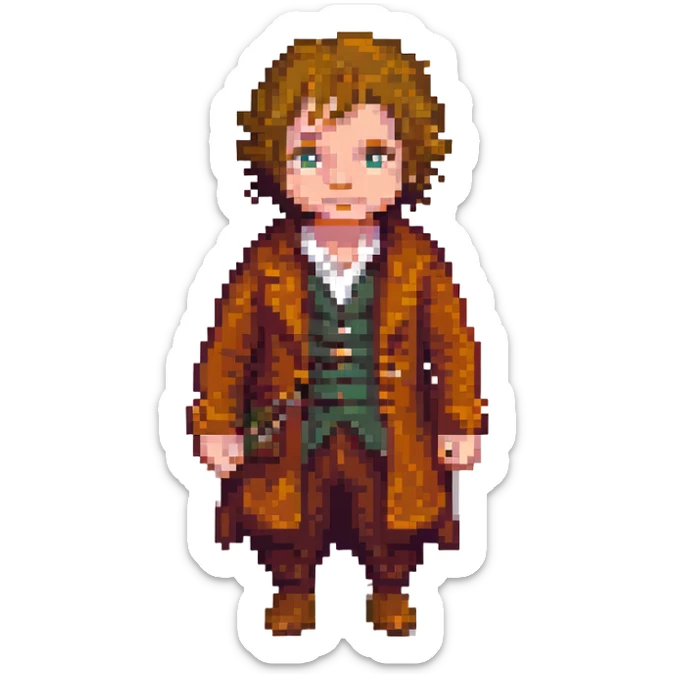Whole body image of bilbo baggins from the lord of the rings  in pixel art style and formatted to fit emoji size for later adding to slack app sticker
