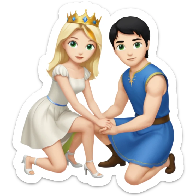 King, man, black Hair, blue eyes, whole body, Woman, bending knees, blonde, green eyes, White Dress, sticker