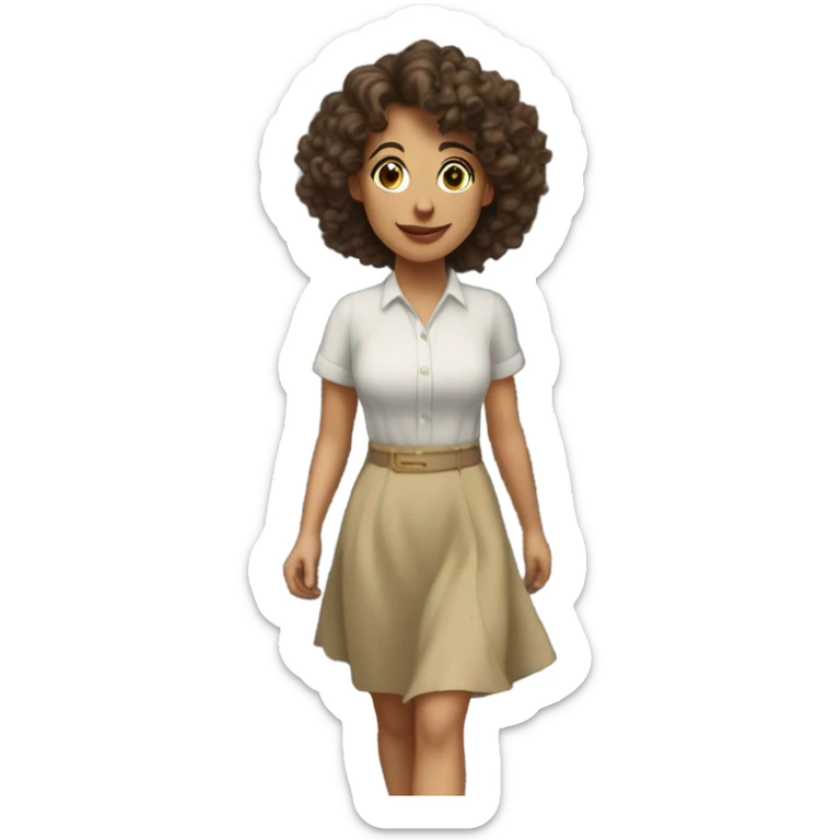 Pretty brunettes curly haired woman with a modest skirt and pretty blouse walking towards a house door sticker