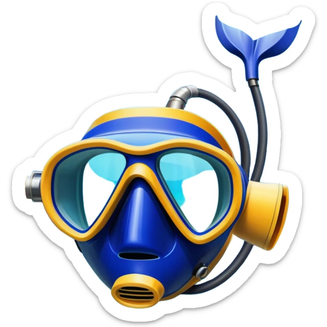 An icon featuring a close-up of a diving mask, snorkel, and fins floating on the surface of vibrant blue water. In the background, coral reefs and tropical fish create a lively underwater scene. Transparent background highlights the beauty and adventure of the diving experience. sticker
