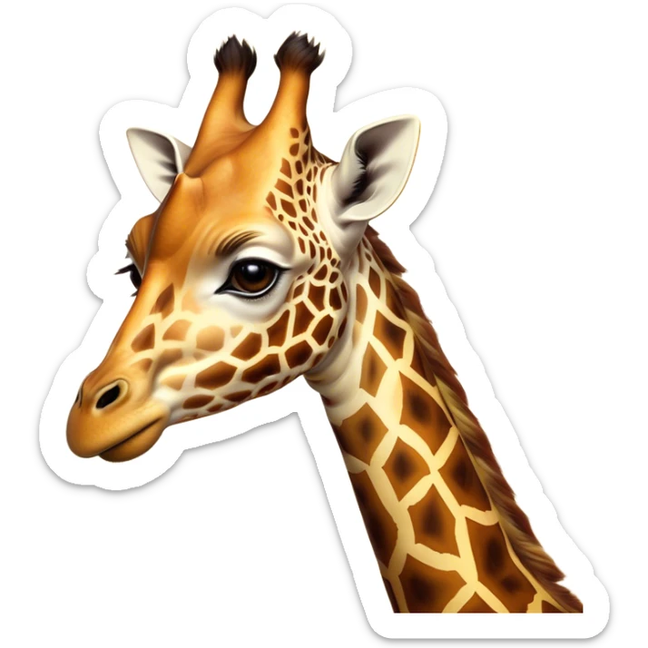 Cinematic Noble Giraffe Portrait Emoji, Poised and regal, with a towering, elegant build and a stunning, patterned Fur of warm yellows and browns, long, graceful neck and soulful, gentle eyes, Simplified yet sharp and sophisticated features, highly detailed, glowing with a soft, dignified glow, high shine, intelligent and graceful, stylized with an air of savannah majesty, focused and attentive, soft glowing outline, capturing the essence of a watchful and confident giant, so majestic it feels as though it could stretch out of the screen with effortless authority! sticker