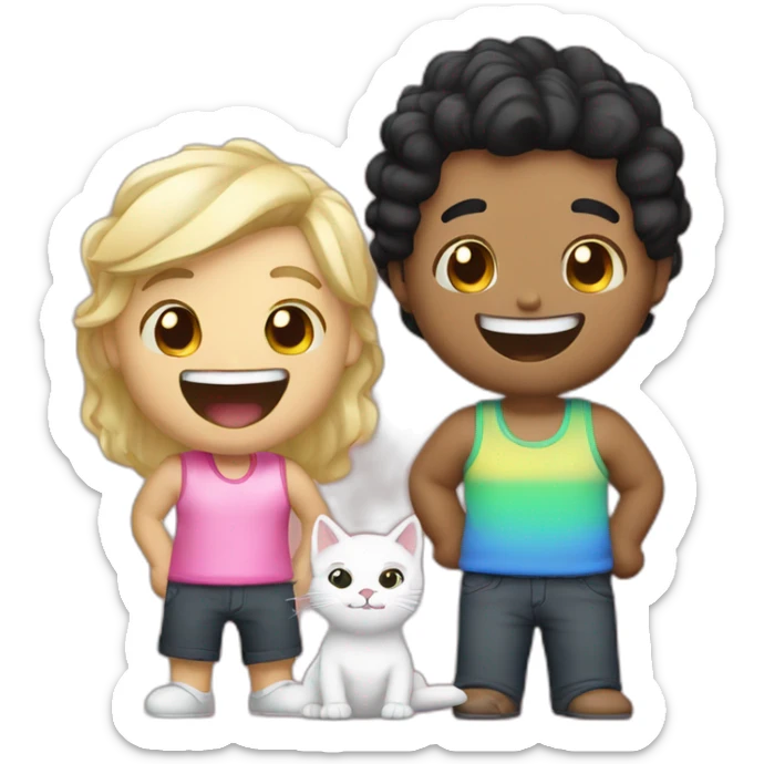 Gay male couple, 1 Latino black hair the other one Australian blonde hair with a cat in the middle laughing full body sticker