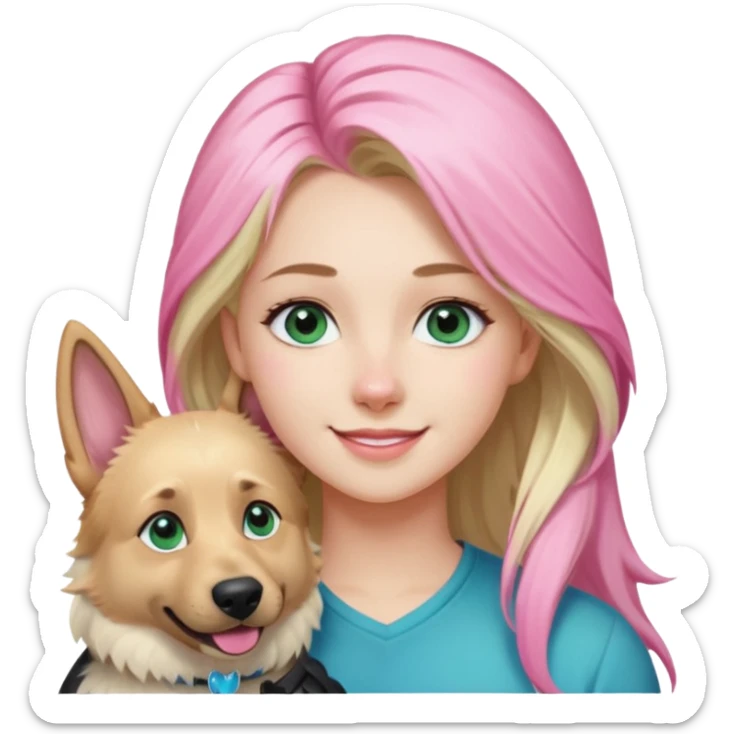 White European young woman with blue-green eyes and long blond hair with 1 pink streak in her hair with her white German Shepherd dog with pink nose and short fur sticker
