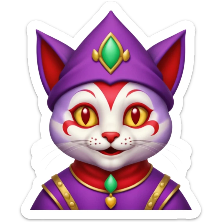 crazy colorful cute little cat jolly joker from poker, medieval, vintage, court jester, mac os icon, purple and red color, half body sticker