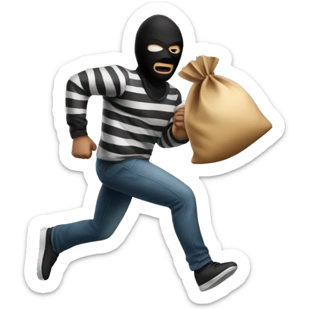 Robber running with striped shirt and black mask with moneybag sticker