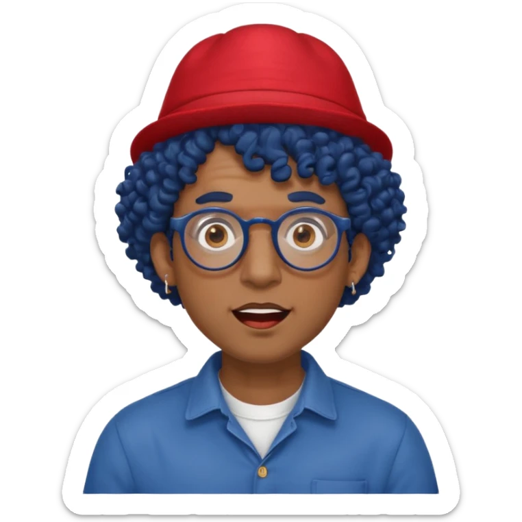 dark blue haired man curly hair and red earrings and spectacles surprised and hat wearing sticker