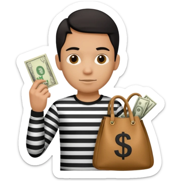 emoji style thief in black and white striped shirt, clutching a bag with a dollar sign sticker