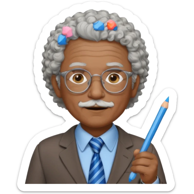 old man teacher, brown skin, curly grey white hai, wearing glasses, brown suit, blue tie hold chalk on hand sticker