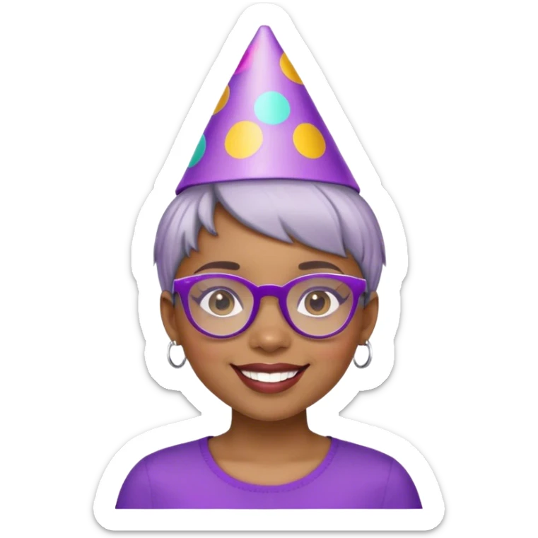Light skinned Black girl with purple glasses short natural gray haircut celebrating birthday sticker