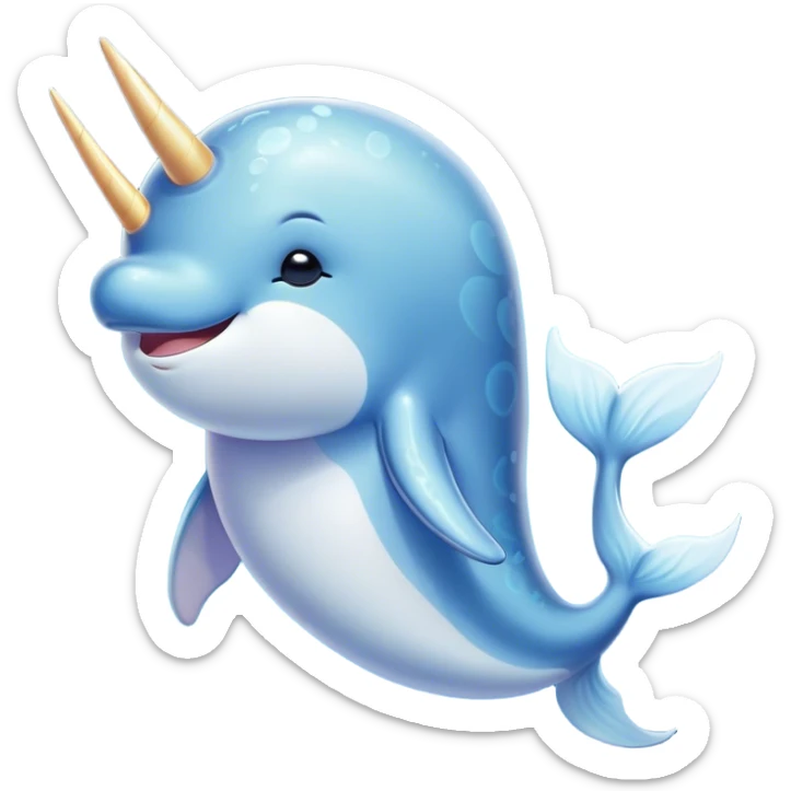 Beautiful and Majestic Cute Narwhal Portrait Emoji, Head and body rendered in serene repose with a gentle, radiant smile, showcasing a streamlined, graceful form adorned with a luminous spiraled tusk and peacefully closed eyes, Simplified yet exquisitely endearing features, highly detailed, glowing with a soft, majestic ocean light, high shine, serene and utterly enchanting, stylized with an air of magical marine splendor, soft glowing outline, capturing the essence of a beautiful and majestic cute narwhal that embodies the quiet wonder of the deep blue! sticker