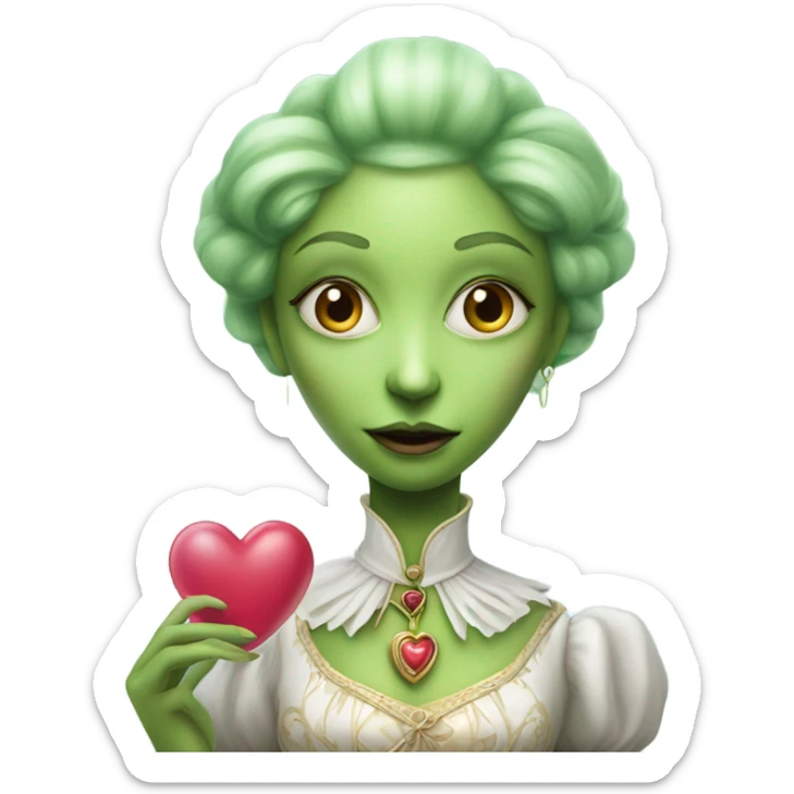 a green amazon alien woman in Victorian white gold, pink hair full body,holdig, red big hearth sticker