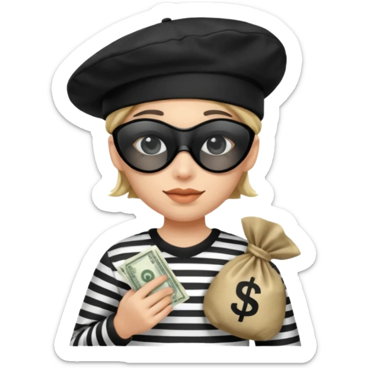 Emoji Ladron Un Antifaz En Los Ojos Con Un Gorro Negro,Ropa De Rayas Blancas Y Negras Y Una Bolsa De Dinero Con El Símbolo sticker