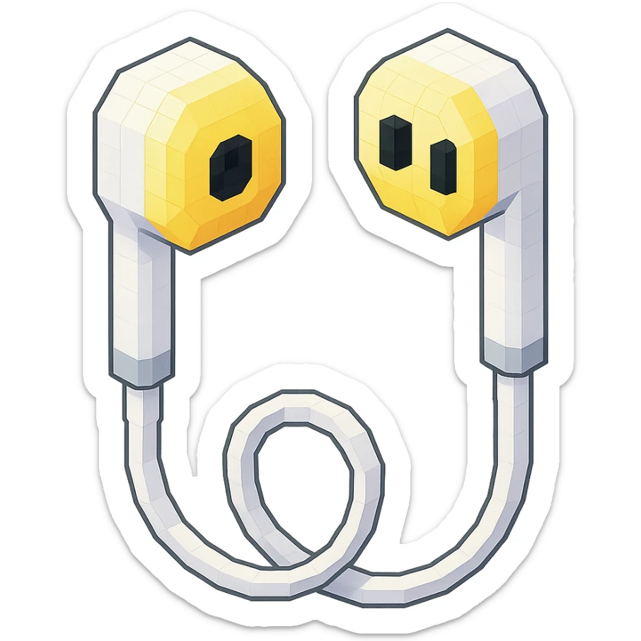 white EarPods headphones with a playful twist, exaggerated proportions sticker