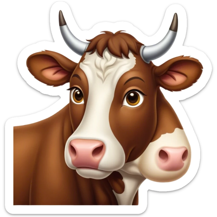 Cinematic Noble Brown Cow Portrait Emoji, Poised and regal, with a large, sturdy build and a smooth, well-groomed deep brown hide, deep-set soulful brown eyes, Simplified yet sharp and sophisticated features, highly detailed, glowing with a soft, dignified glow, high shine, intelligent and calm, stylized with an air of pastoral majesty, focused and attentive, soft glowing outline, capturing the essence of a watchful and confident bovine guardian, so majestic it feels as though it could amble out of the screen with effortless authority! sticker