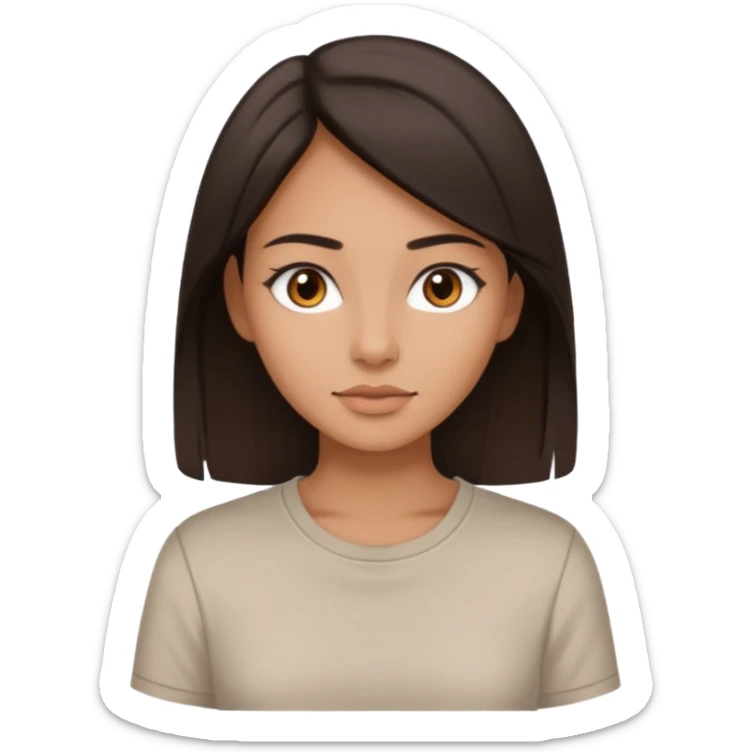 Koyu saçlı, genç bir kadın. Ten rengi buğday. Gözleri kahverengi. Saçları düz (veya kıvırcık) ve orta uzunlukta. Soft makyajlı, sade stil. sticker