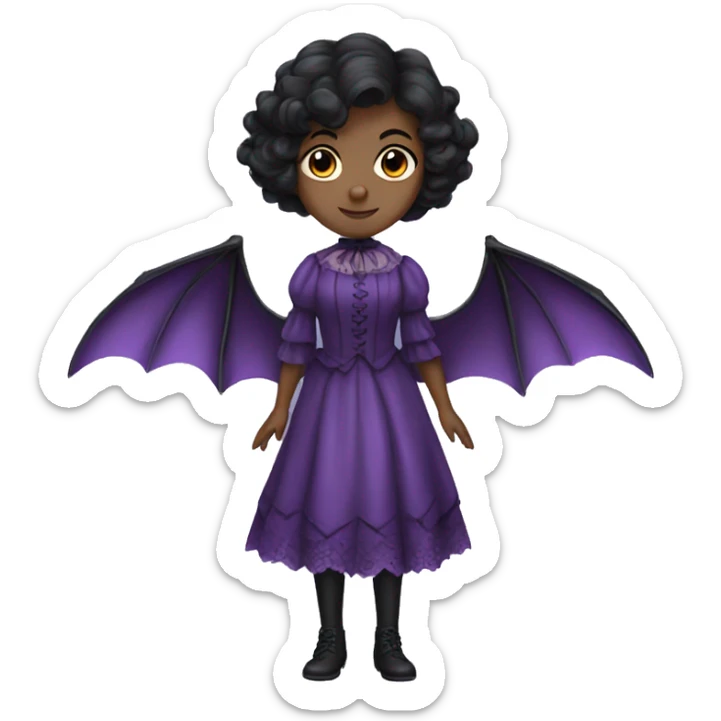 black short haired girl with a purple victorian dress that has bat wings sticker