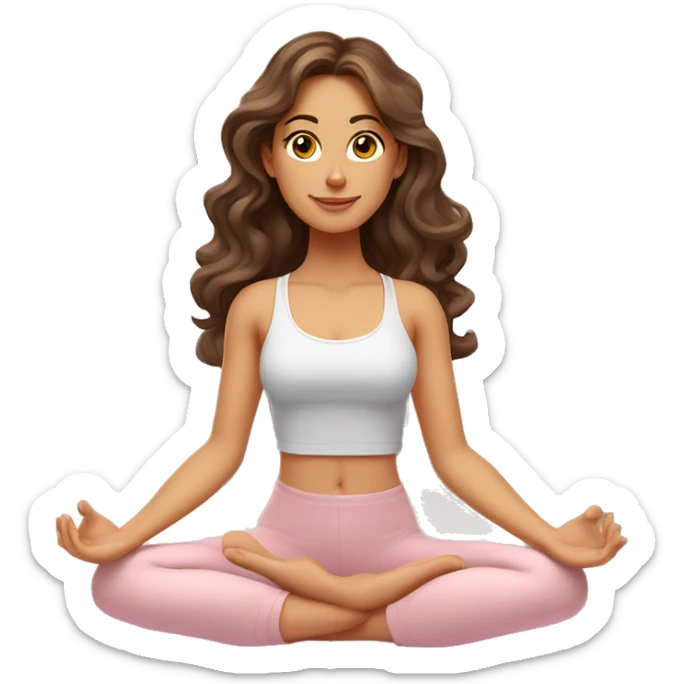 Brunette long curled hair and hazel eyes yoga beautiful girl in light pink clothes sitting on a yoga mat sticker