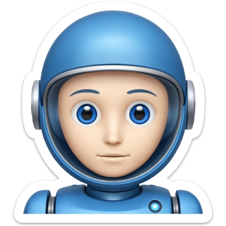 tête de robot cosmonaute bleu et blanc avec des yeux arondis bleu style cartoon sticker