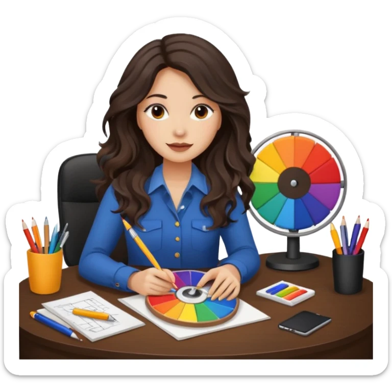 female dark wavy long hair graphic designer , holding color wheel , pens, papers, desktop sticker
