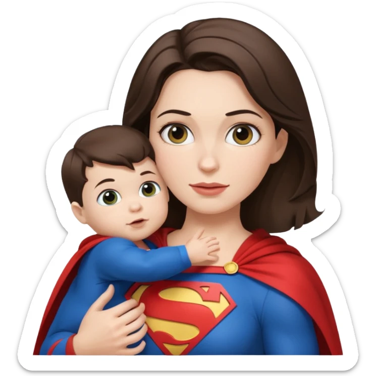 mother white skin brunette dressed as Superman with a cape holding a baby sticker