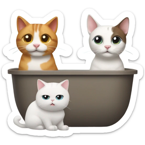 2 cats sharing a litter box under a set of stairs well a dog looks on sticker