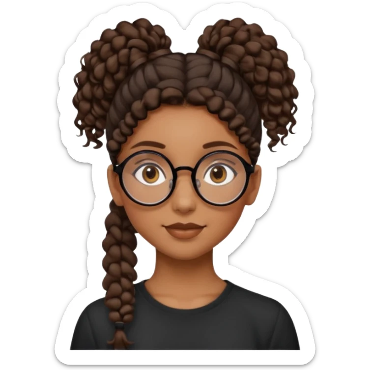 chica morena de ojos claros con gafas negras exagonales redondeadas. y pelo rizado castaño con todo el pelo recogido en una coleta .. Con todo el pelo recogido un clen look solamente una coleta tiene 16 años. hazlo como la segunda imagen pero sin el moño sticker