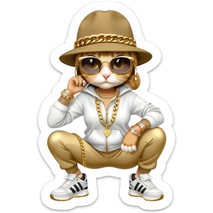 female cat wearing Run DMC hip-hop outfit with tracksuit, fedora, Adidas sneakers, dark sunglasses, many gold chains, rings, bracelets, flashy earrings, upright pose sticker