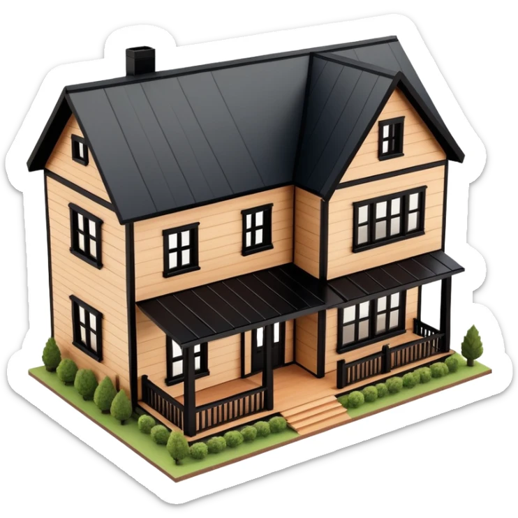brown wooden modern farmhouse with black trim exterior, isometric dollhouse-style, highly detailed  sticker
