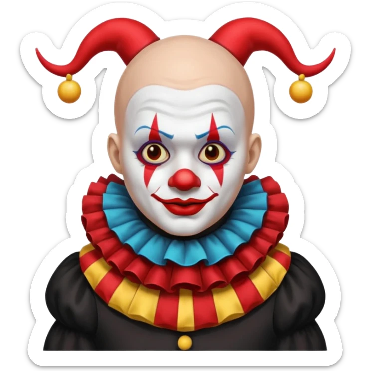 Crea un payaso con toda la cara blanca sin pelo con cuernos de color negro, que su cuerpo tenga un traje de payaso negro con rojo sticker