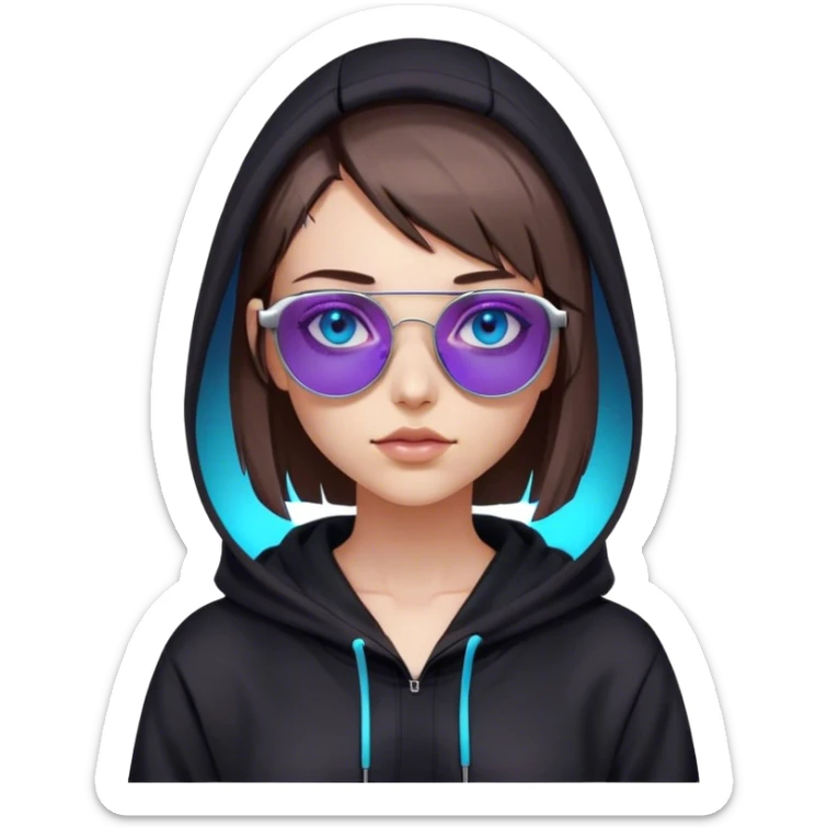 
girl with brown bob and blue eyes in a black hoodie and sunglasses. Cyberpunk style. Violet neon. sticker
