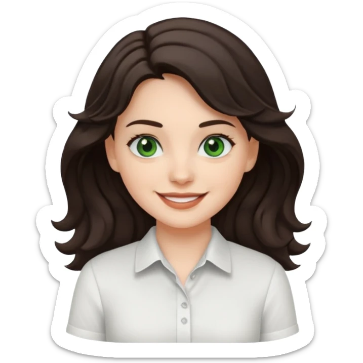 A White girl with wavy and dark hair, dark green eyes and a white shirt smiling sticker
