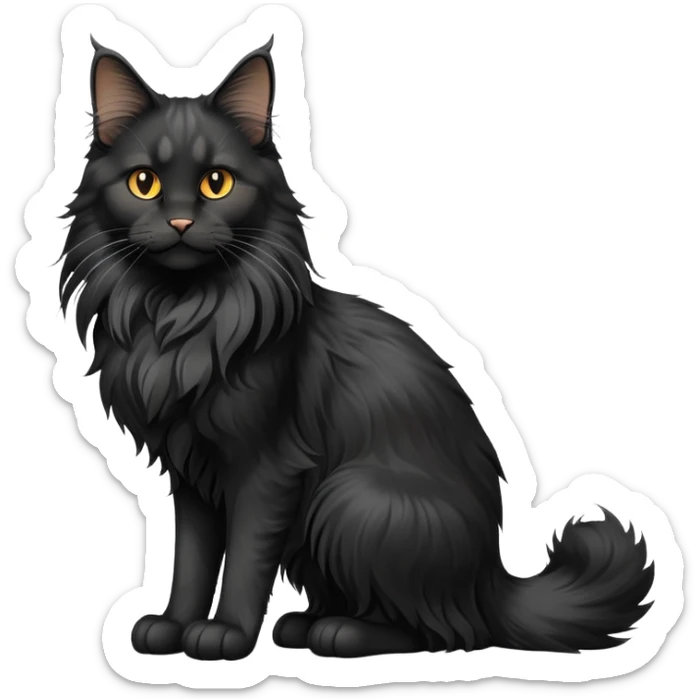 cinematic-black-maine-coon-cat-full-body-on all fours-emoji,-head-tilted-playfully-and-inquisitively,-sleek-solid black-fur,-simplified-yet-adorable-features,-highly-detailed,-glowing-with-a-warm,-friendly-glow -simplified-yet-realistic sticker