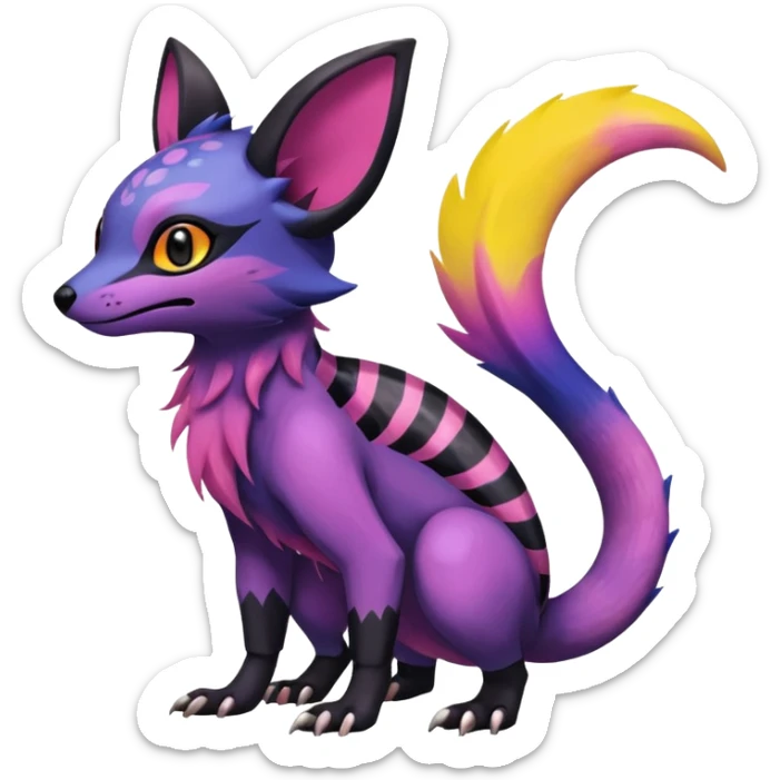 Rare epic aesthetic colorful Salandit-Noibat-Eevee-Civet-species-Fakemon-hybrid-creature, with markings, full body sticker