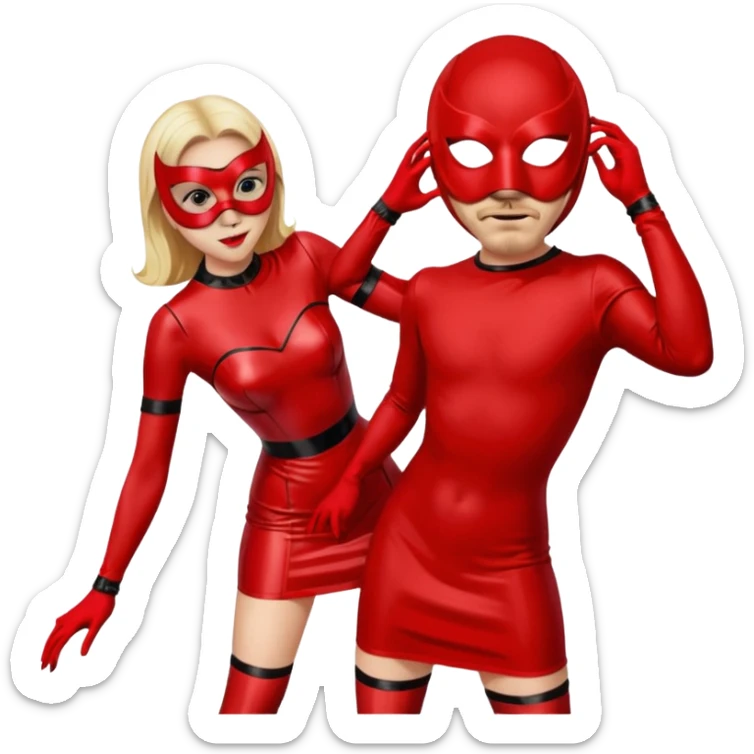 Woman in short red latex dress bent over in front of masked man sticker