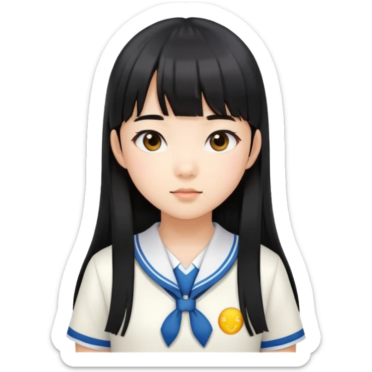 young Asian girl in school uniform, long straight black hair with straight bangs sticker