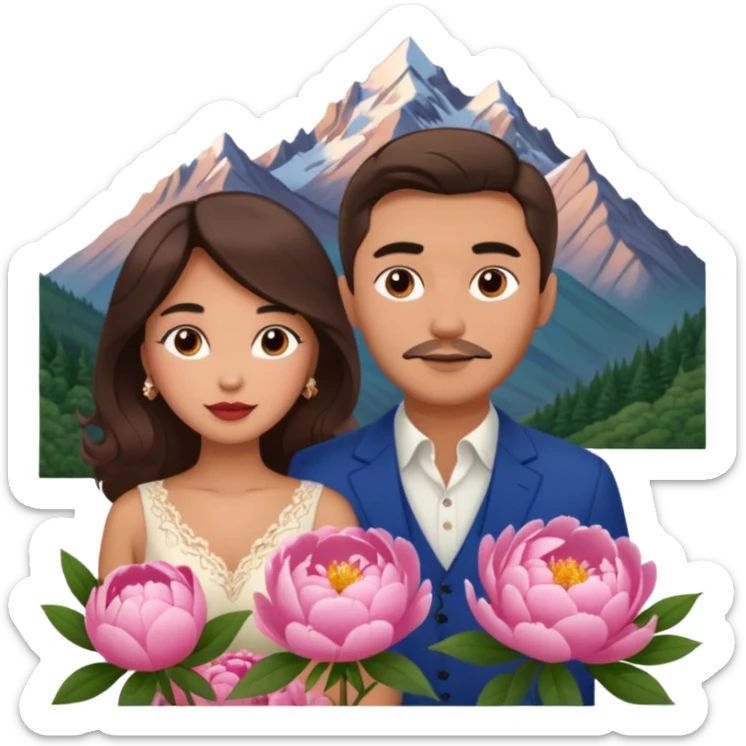 Couple traveling in Montenegro russian man and elegant  Latina girl delicate peonies and mountains in the background  sticker