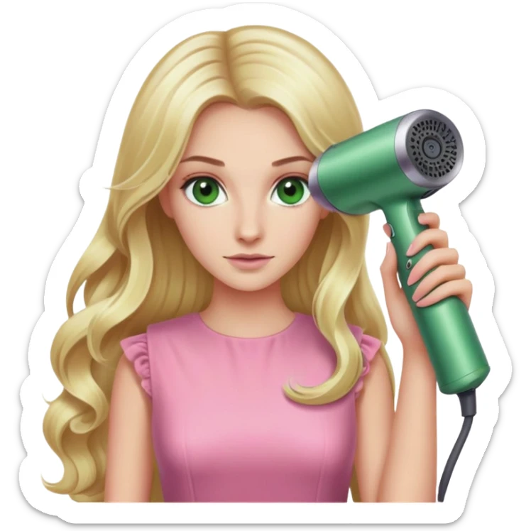 blonde woman, long hair, swamp green eyes, pink dress, Dyson hair dryer in hand sticker