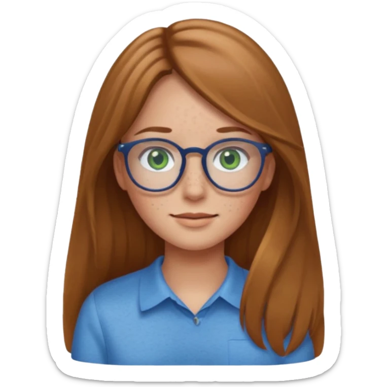 Create an emoji of a girl with light brown hair long length hair, green eyes, freckles, glasses and wearing a blue shirt sticker