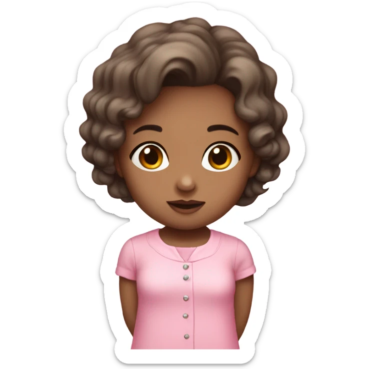 do a kid girl with dark blond hair dark eyes with a cute baby pink outfit, full body sticker