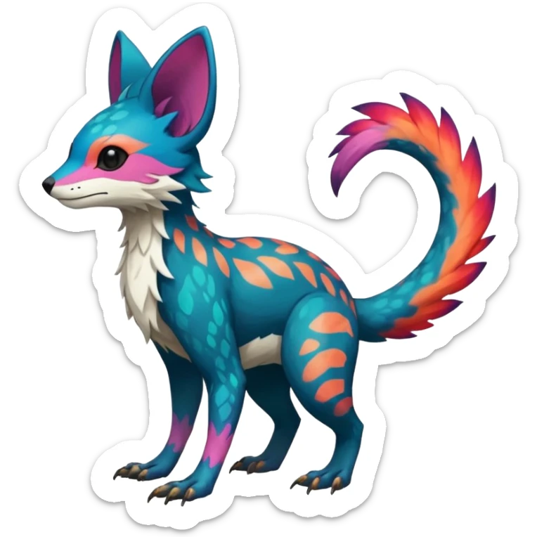 Rare realistic exotic edgy epic pretty beautiful handsome gorgeous aesthetic colorful vibrant Vernid-Trico-species-Fakemon-creature by LiLaiRa, 4 legs, 1 tail, random markings, (full body) sticker