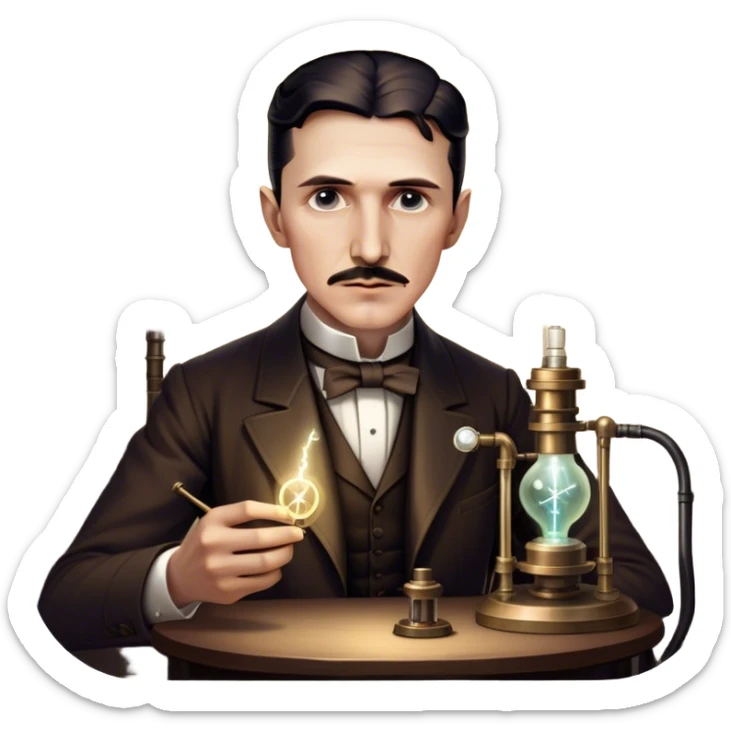 Nikola Tesla – Cinematic Realistic Portrait of Nikola Tesla, depicted as a visionary inventor with intense, thoughtful eyes and period attire, surrounded by subtle arcs of electric light and early laboratory apparatus, rendered with dramatic lighting that evokes mystery and innovation. sticker