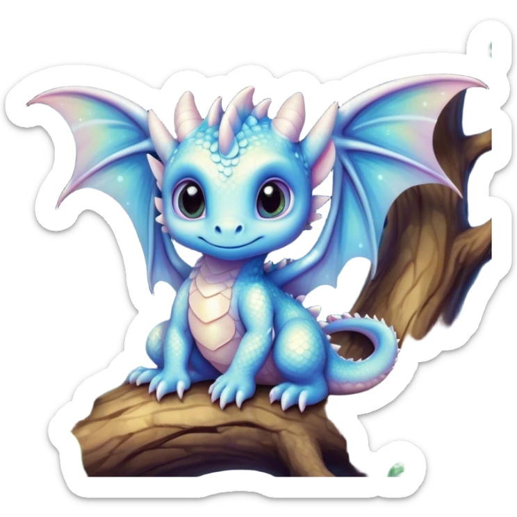 Airbrush painted image of an adorable little baby dragon with large glistening eyes sitting beside a tree under a deep galactic sky with pearlescent scales and wings spread against the stars sticker
