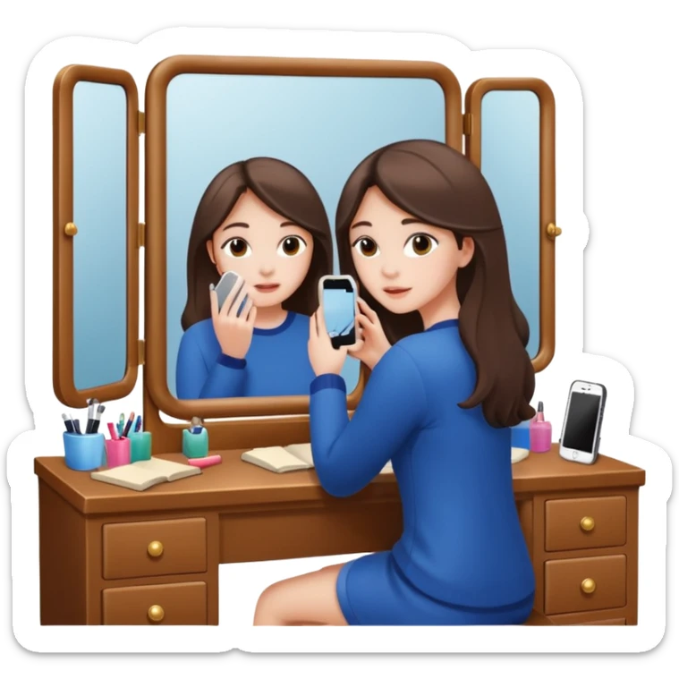 Girl sitting at vanity taking out picture with iphone 15 plus in the mirror and study materials on the vanity sticker