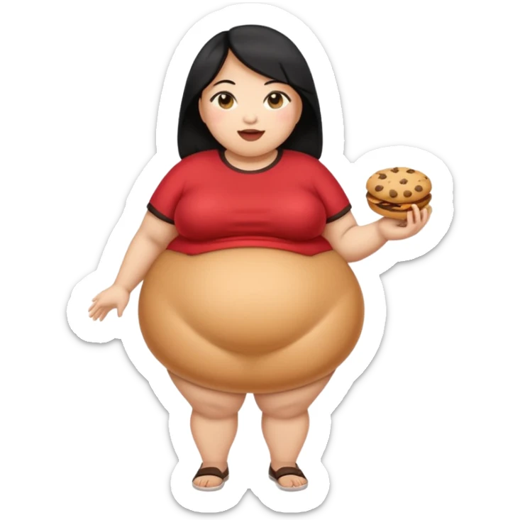 create a humongous asian girl with black hair, with 2 burgers and a cookie in her mouth, she is super obese, please make her a full body emoji, mega huge tummy   sticker