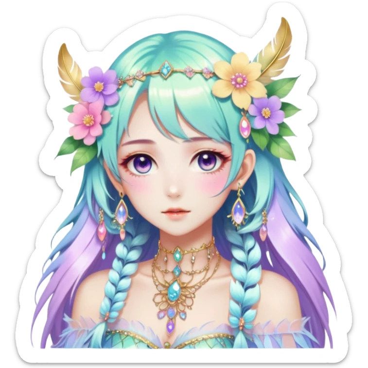 Beautiful gorgeous anime lady with beautiful iridescent-special-hair, fashion aesthetic, ethereal, fairycore, pastelcore, feather, flower, gems, accessories, jewelries, gold, colorful sticker