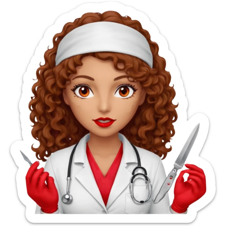 Scary woman scalpel in hand, evil surgeon sexy surgeon clothes.  She has red eyes. Her  brown long curly hair. Wears sexy doctor outfit with red gloves. Only uses red bandanna  to hide her face mouth with red bandana to hide her identity sticker