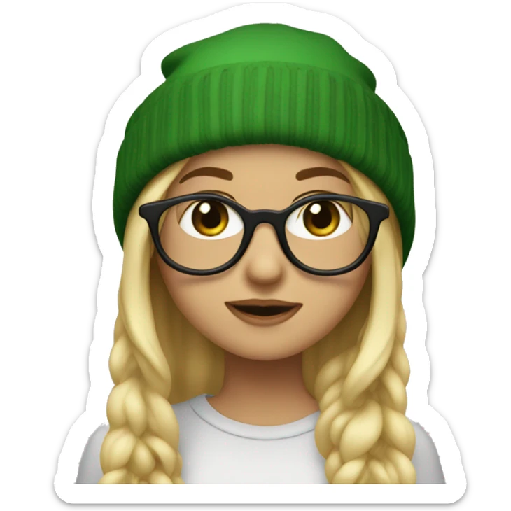 girl with long blonde hair, green eyes, black round glasses, and a beanie hat.  sticker