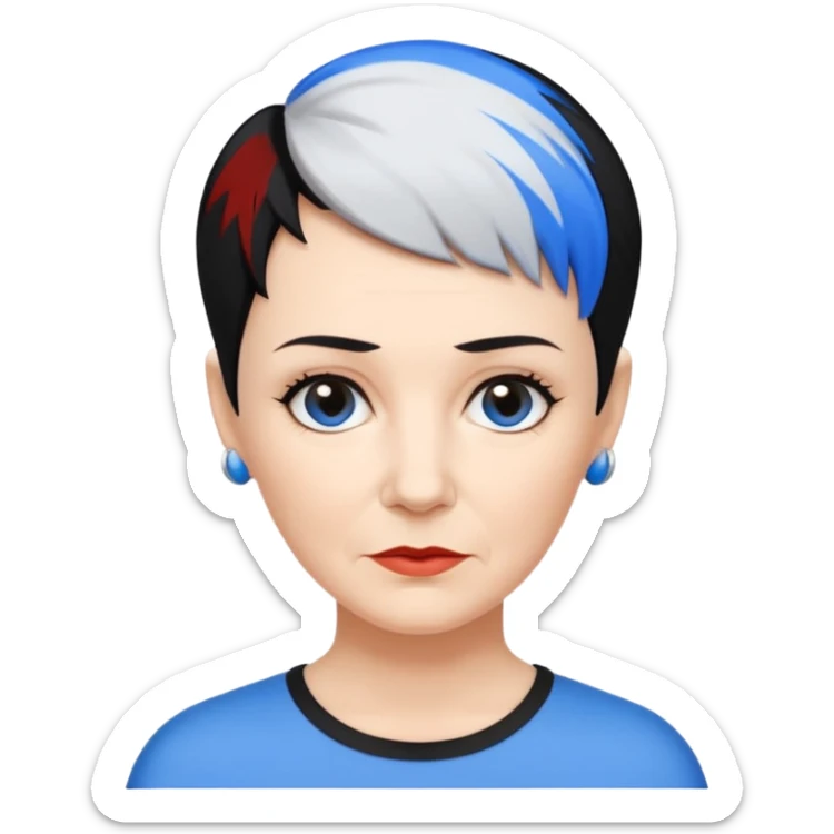 reife frau, kein kind freche extreme schwarze Kurzhaarfrisur eine Seite wirklich fast keine Haare andere Seite mit blauer Strähne kurze Seite noch viel kürzer sticker